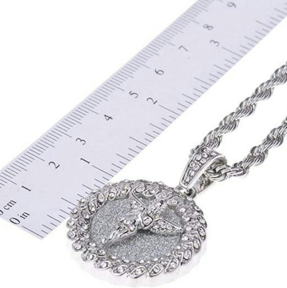 Angel Necklace Diamond Cuban Link Silver Hip Hop - Picture 2 of 3